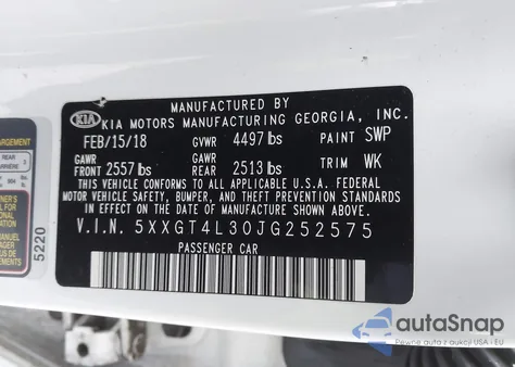 2018 Kia Optima Lx z USA, uszkodzony, nr VIN 5XXGT4L30JG252575